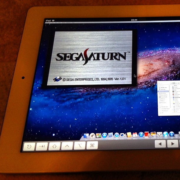 Segasaturn → DV bridge → FireWire adapter → Mac Mini → QT Player → Screens → iPad